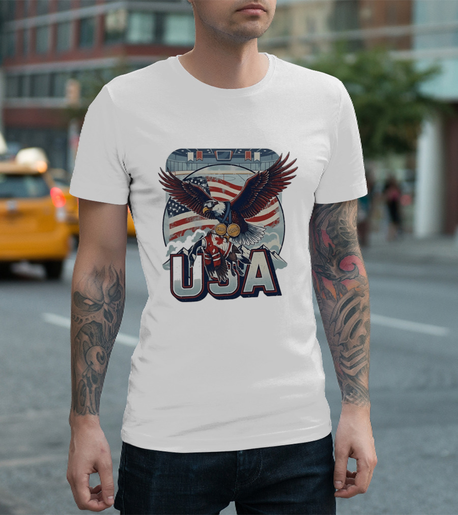 USA Hockey Eagle 1980 2026 American Flag Ice Rink T-Shirt