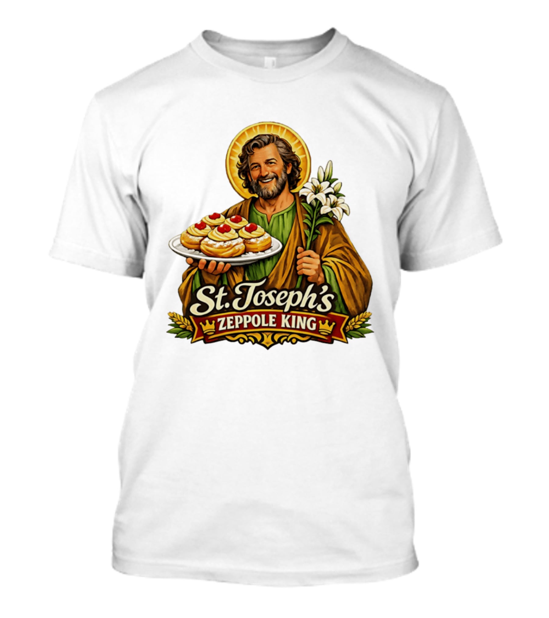 St Joseph's Zeppole King Saint Holding Tray With Flowers T-Shirt