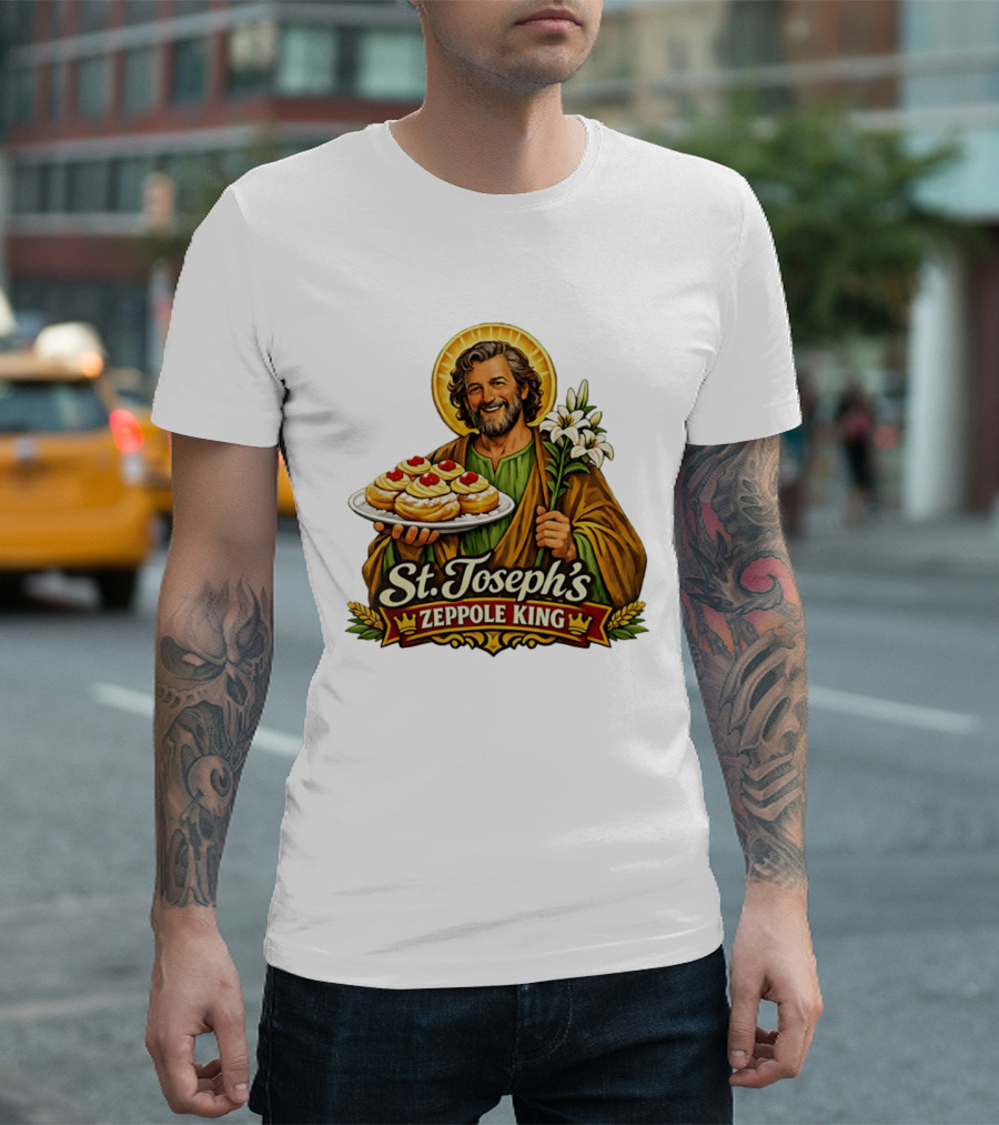St Joseph's Zeppole King Saint Holding Tray With Flowers T-Shirt