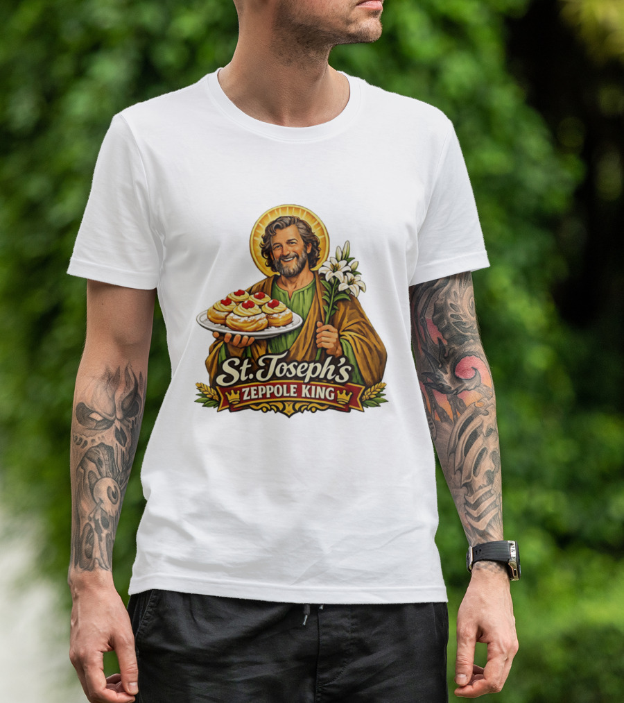 St Joseph's Zeppole King Saint Holding Tray With Flowers T-Shirt
