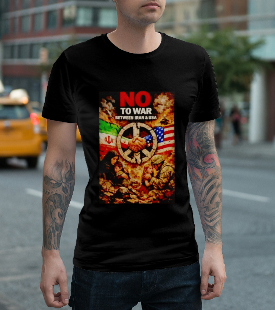 No War Between Iran USA Peace Sign Flag Handshake Unity T-Shirt