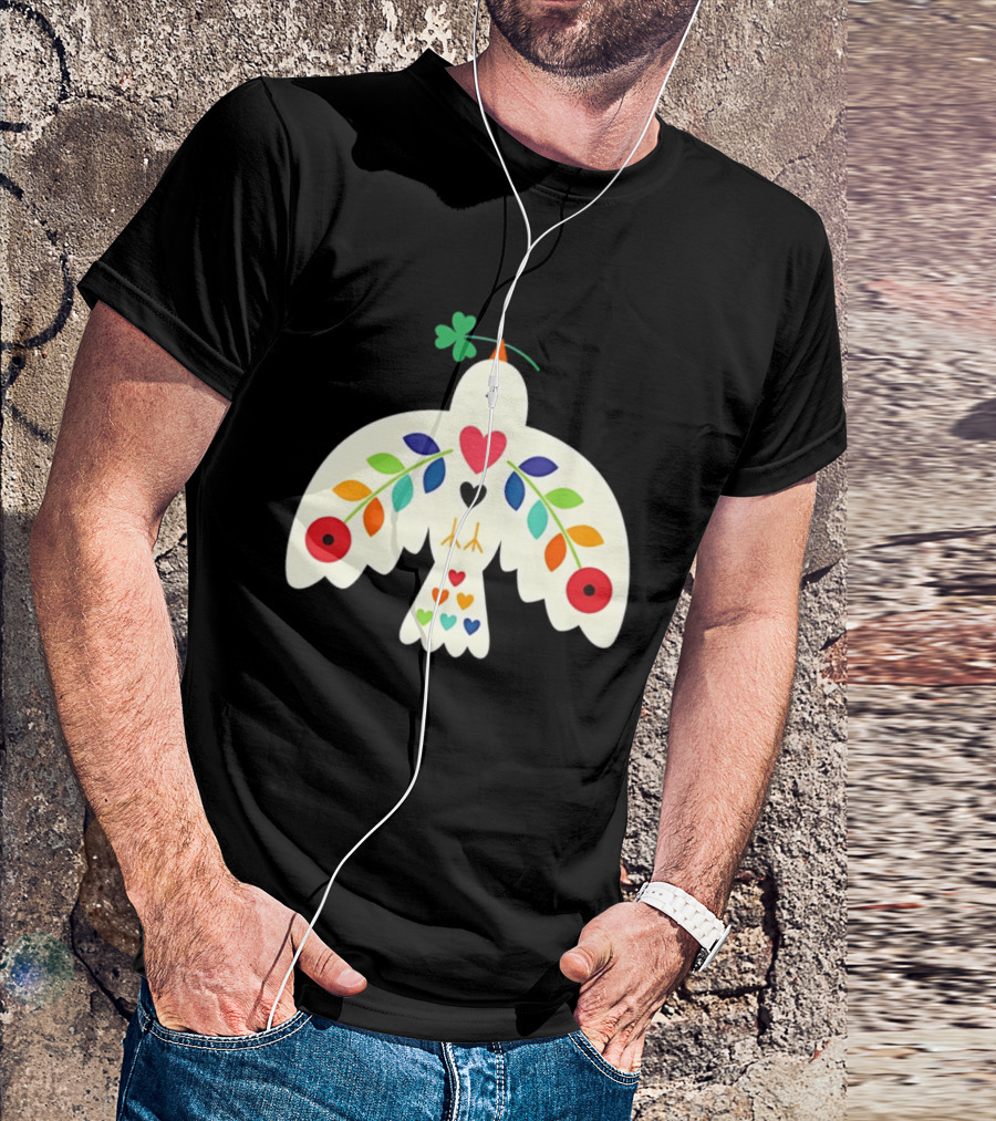 Luck Peace Love Dove With Shamrock And Colorful Hearts T-Shirt
