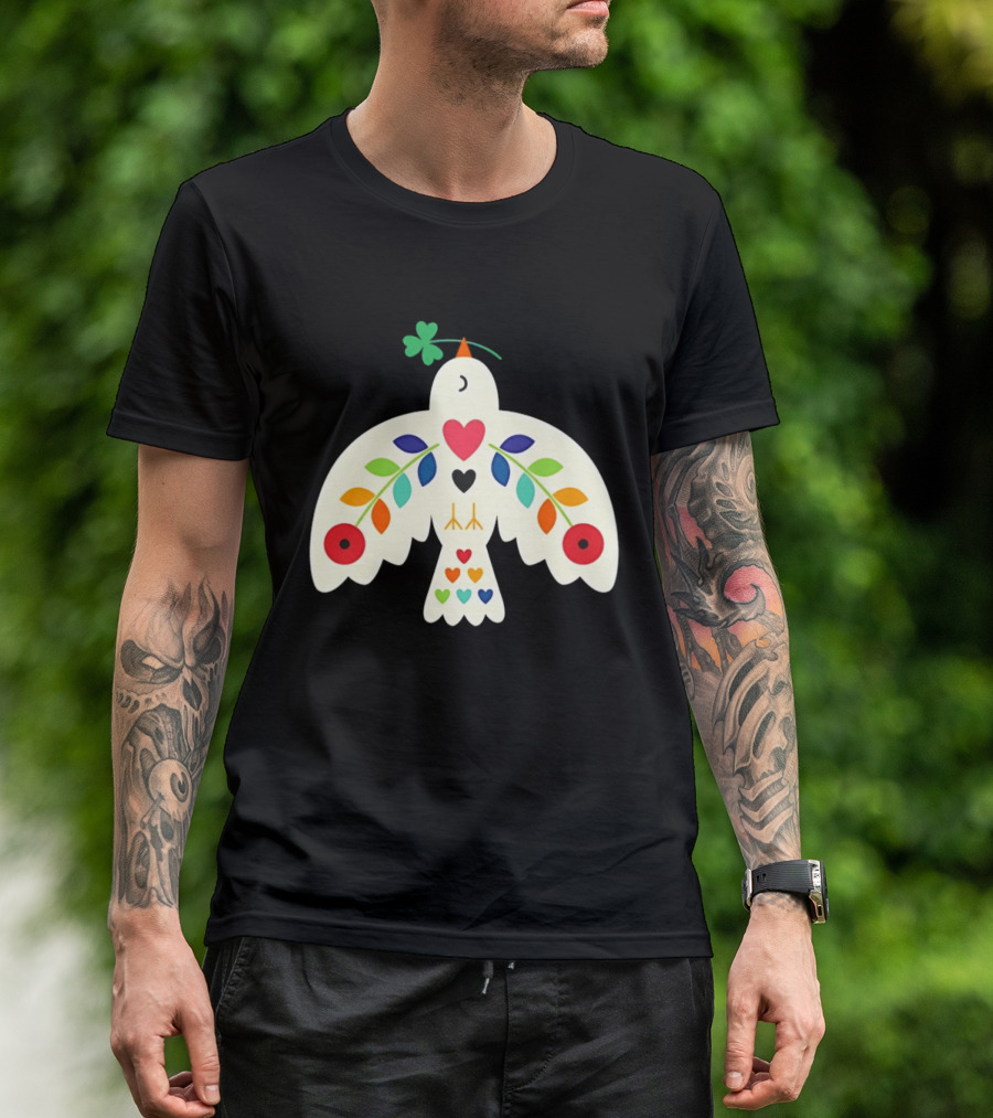 Luck Peace Love Dove With Shamrock And Colorful Hearts T-Shirt