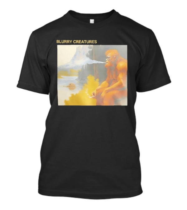 Bigfoot Blurry Creatures Smoking By Lake Mountain Scene T-Shirt