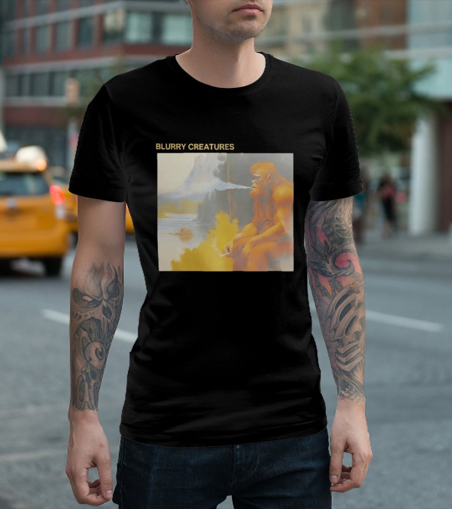 Bigfoot Blurry Creatures Smoking By Lake Mountain Scene T-Shirt