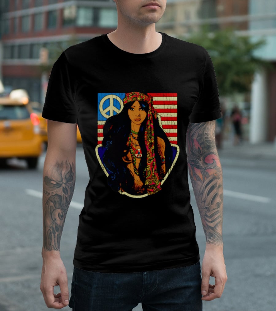 Peace Is Natural 1969 Bohemian Hippie Woman American Flag T-Shirt
