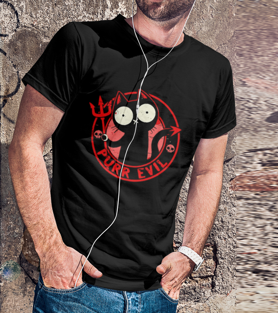 Purr Evil Cat With Trident And Skulls T-Shirt