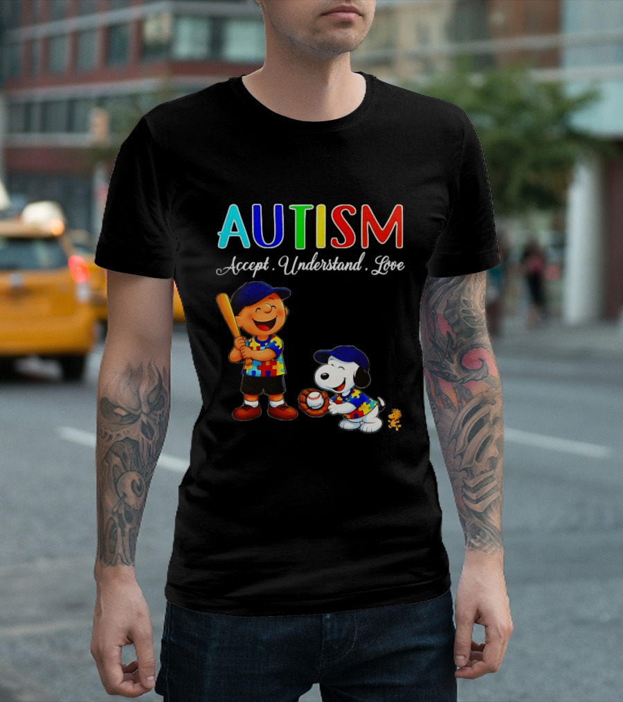 Charlie Brown Snoopy Peanuts Autism Accept Understand Love Baseball Puzzle T-Shirt