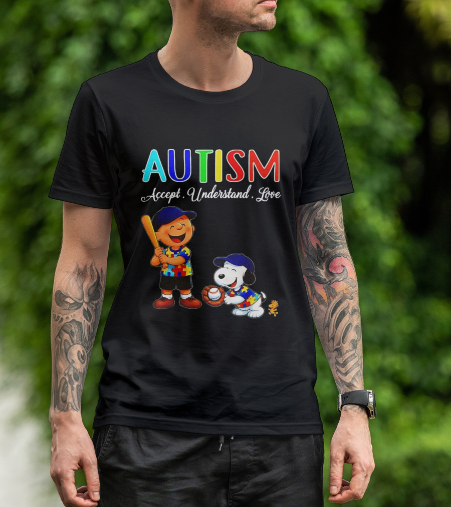 Charlie Brown Snoopy Peanuts Autism Accept Understand Love Baseball Puzzle T-Shirt