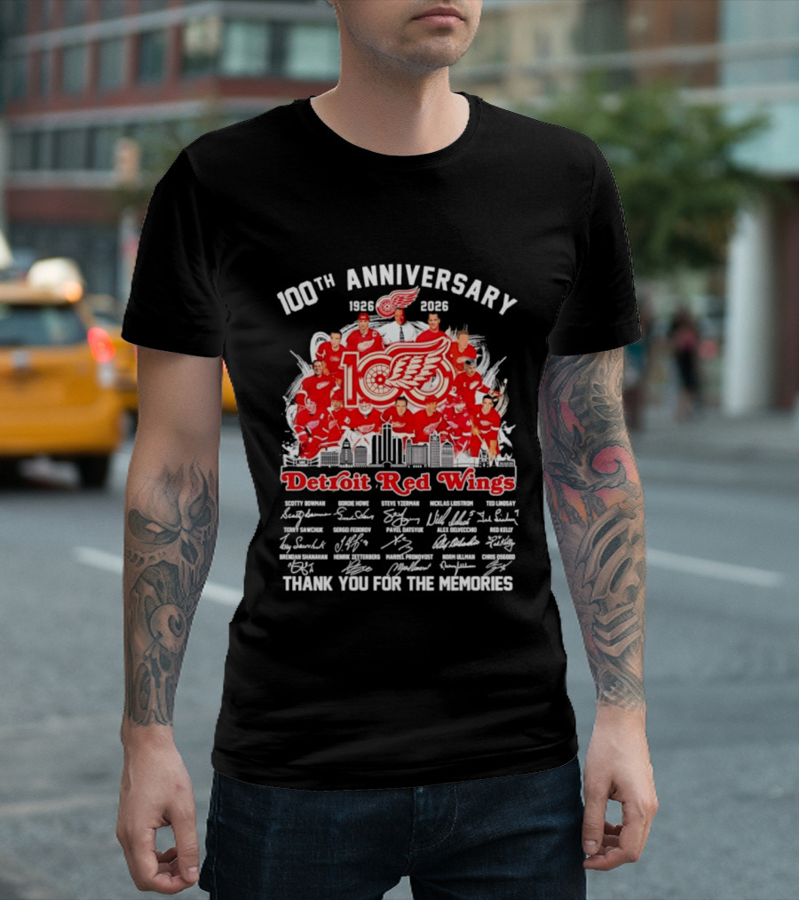 Detroit Red Wings 100th Anniversary 1926 2026 Thank You For The Memories Player Skyline T-Shirt