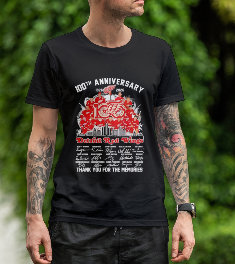 Detroit Red Wings 100th Anniversary 1926 2026 Thank You For The Memories Player Skyline T-Shirt