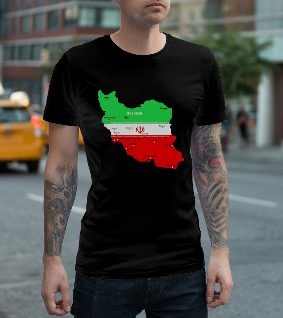 Iran Map With Flag Tehran Tabriz Mashhad Esfahan Shiraz Yazd Cities T-Shirt