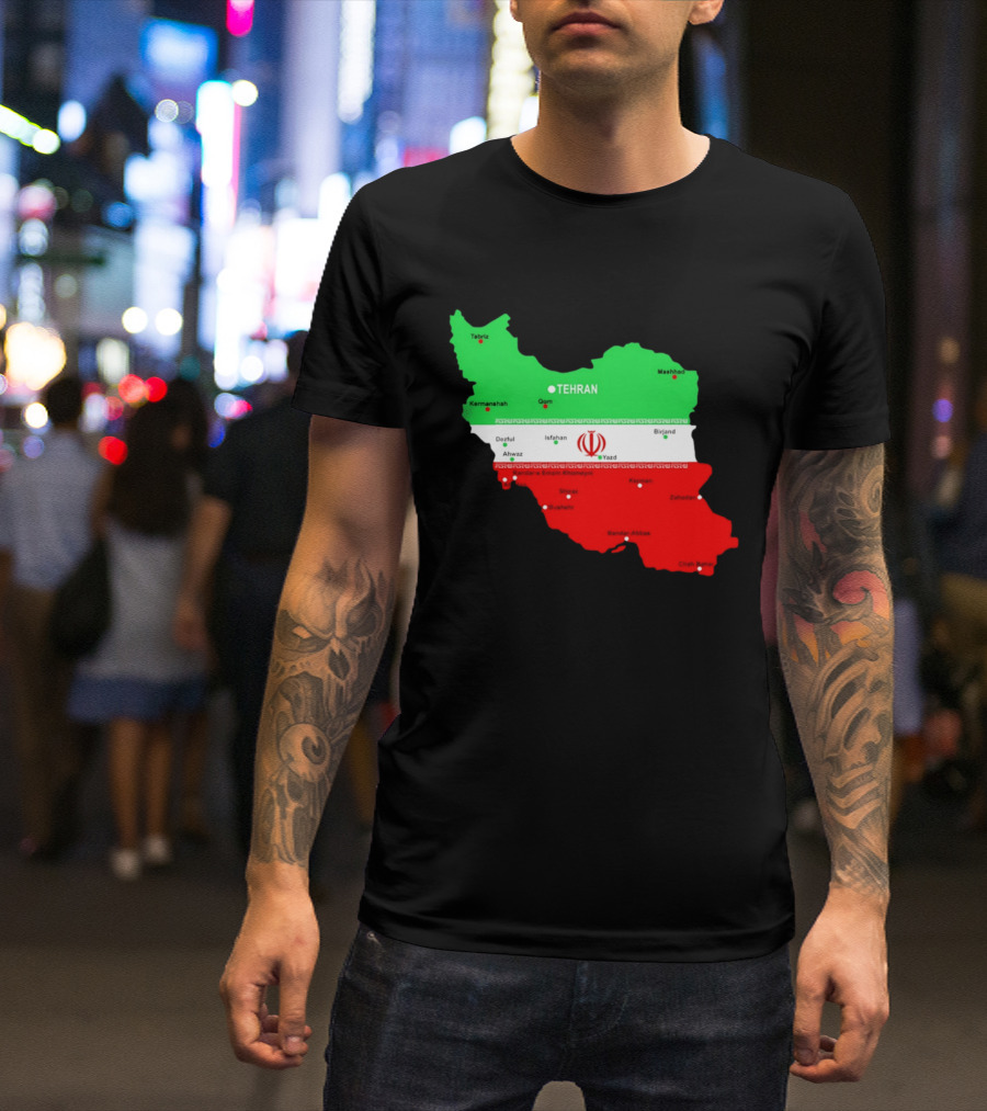 Iran Map With Flag Tehran Tabriz Mashhad Esfahan Shiraz Yazd Cities T-Shirt