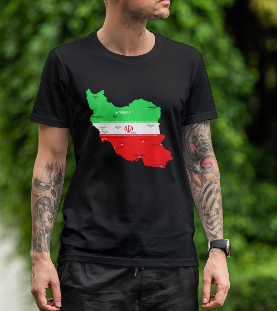 Iran Map With Flag Tehran Tabriz Mashhad Esfahan Shiraz Yazd Cities T-Shirt
