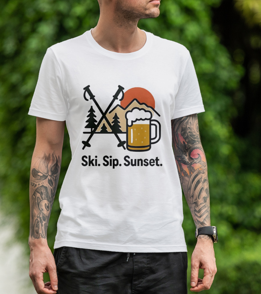 Ski Sip Sunset Mountain Beer Adventure T-Shirt