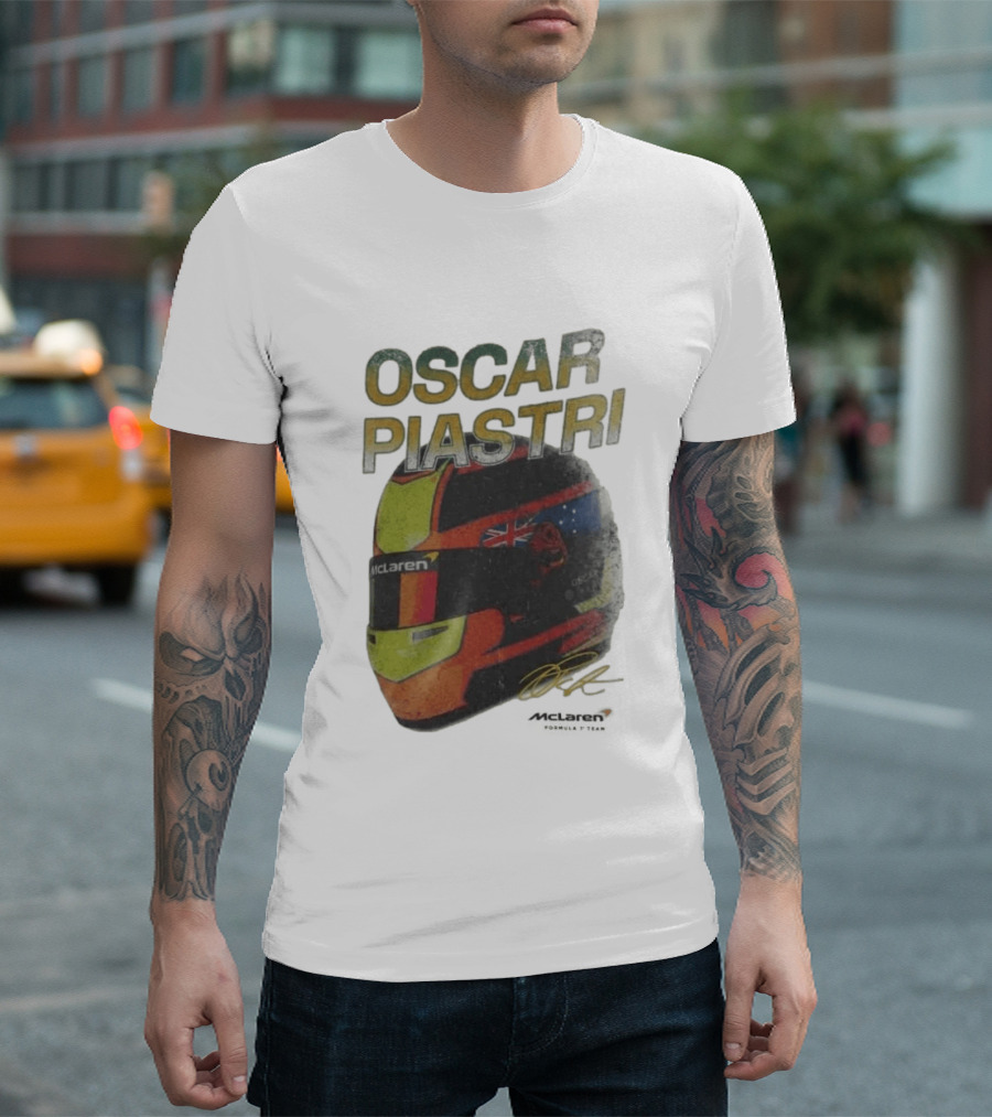 Oscar Piastri McLaren Racing Helmet Flag Signature T-Shirt