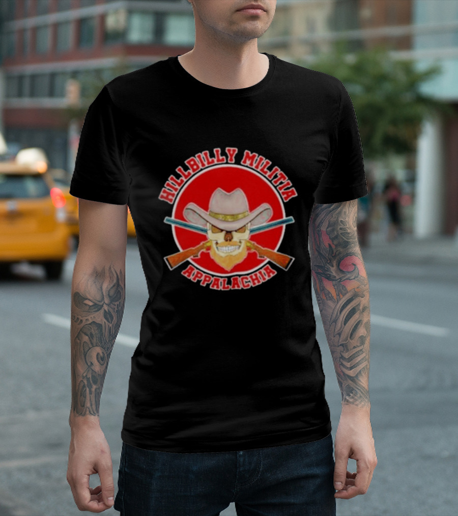 Hillbilly Militia Appalachia Skull Cowboy Hat Rifles Red Circle T-Shirt