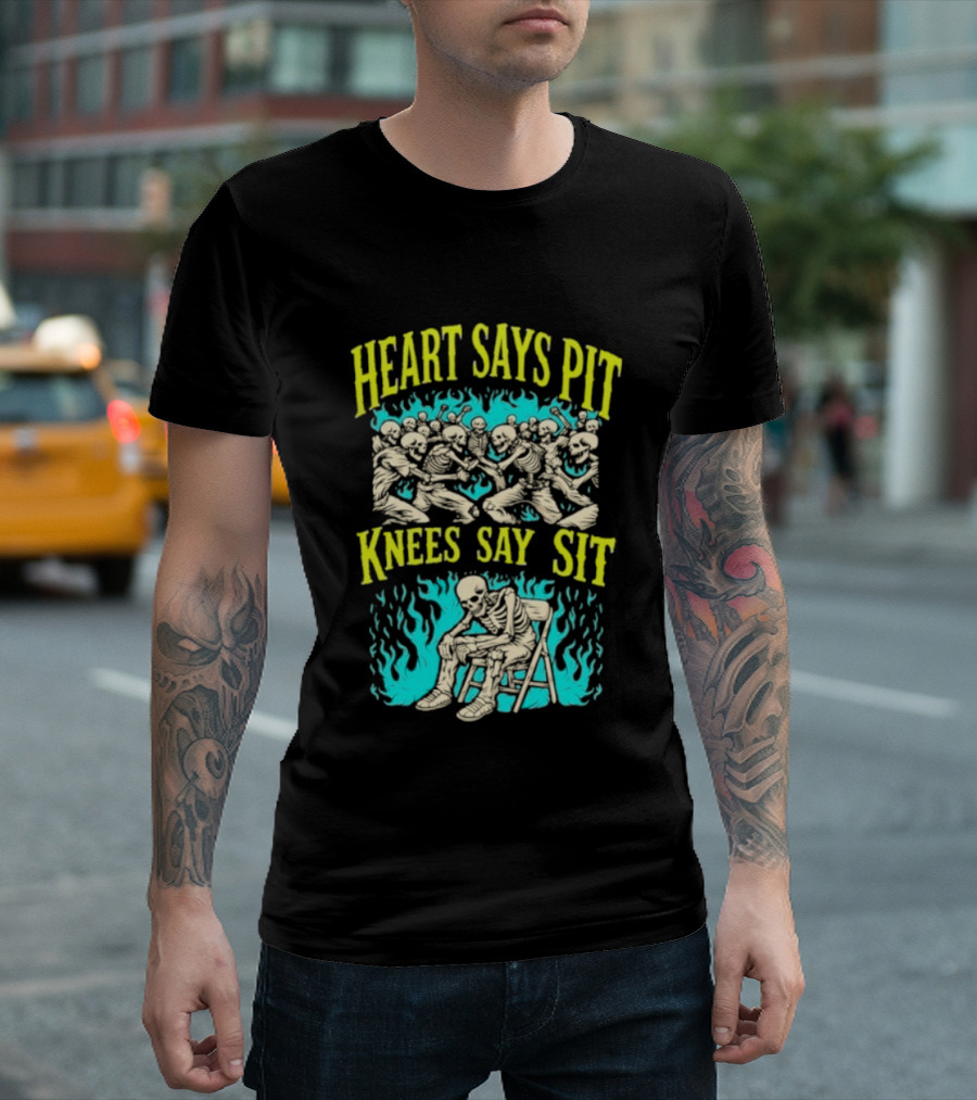 Skeletons Heart Says Pit Knees Say Sit Music Festival Mosh Pit Humor T-Shirt
