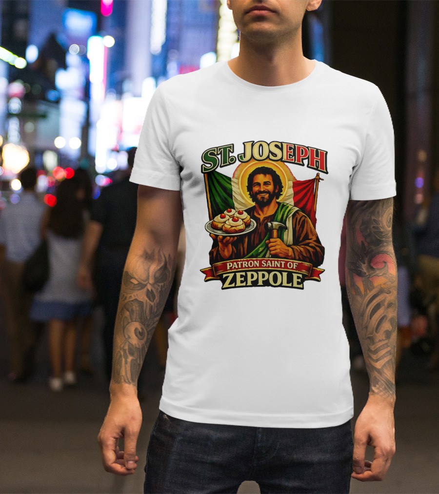 St. Joseph Patron Saint Of Zeppole With Italian Flag Icon And Halo Providing Hammer And Pastries T-Shirt