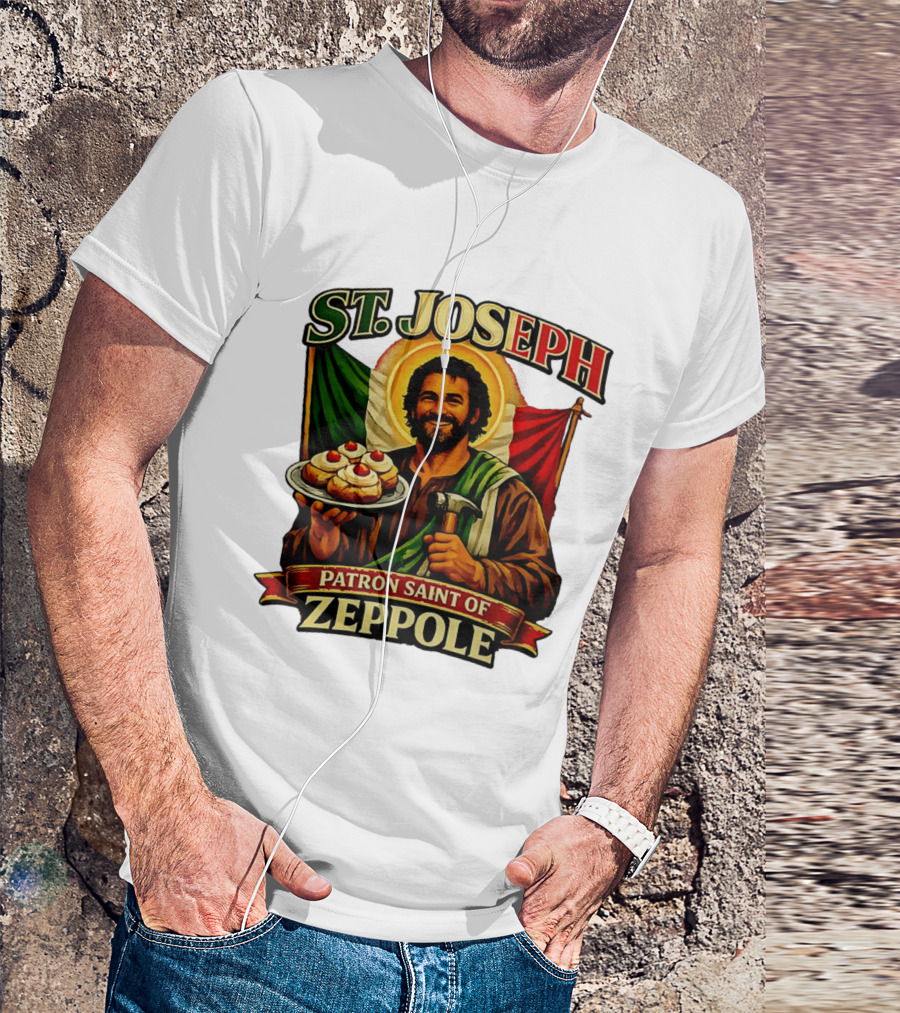 St. Joseph Patron Saint Of Zeppole With Italian Flag Icon And Halo Providing Hammer And Pastries T-Shirt