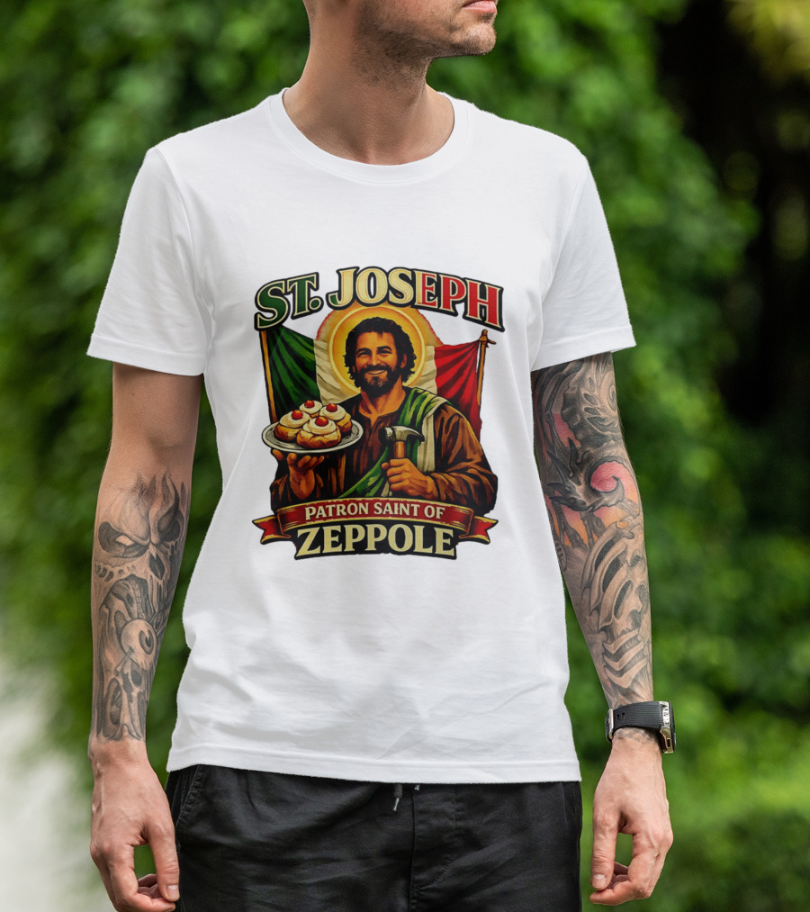St. Joseph Patron Saint Of Zeppole With Italian Flag Icon And Halo Providing Hammer And Pastries T-Shirt