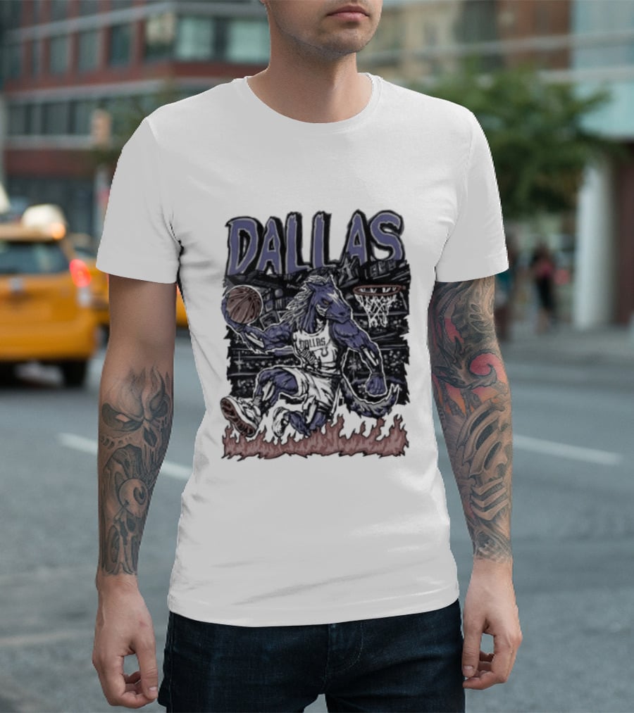 Dallas Mavericks Champ Cartoon Basketball Player Fire Hoops T-Shirt