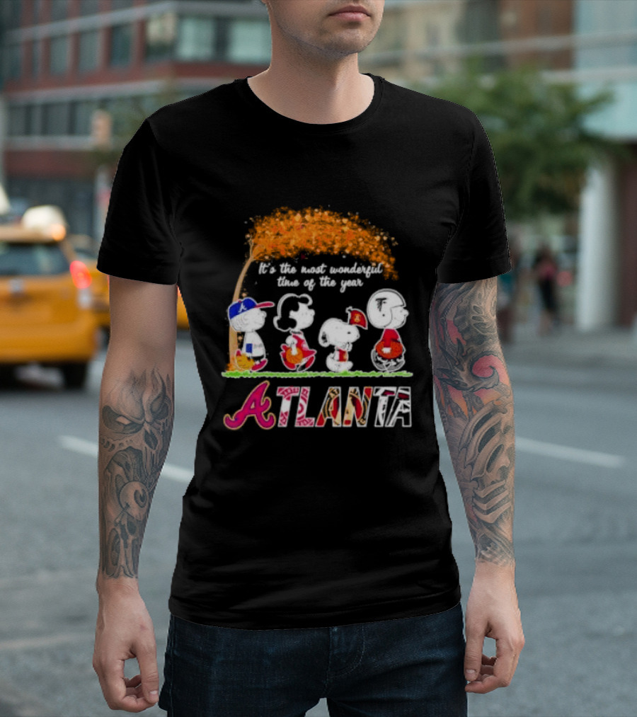 Atlanta Peanuts Characters Autumn Baseball It's The Most Wonderful Time Of The Year T-Shirt