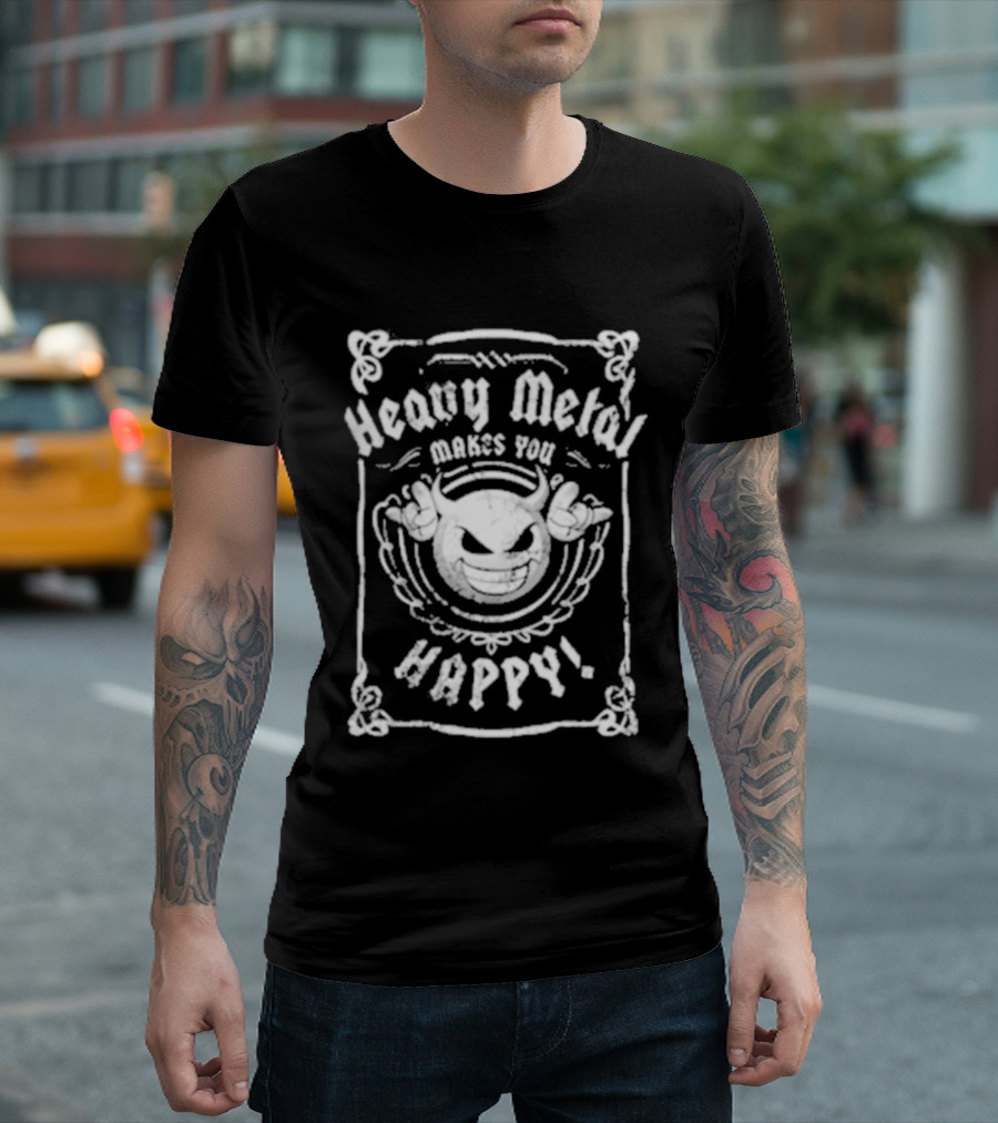 Heavy Metal Makes You Happy Smiling Devil Horns T-Shirt
