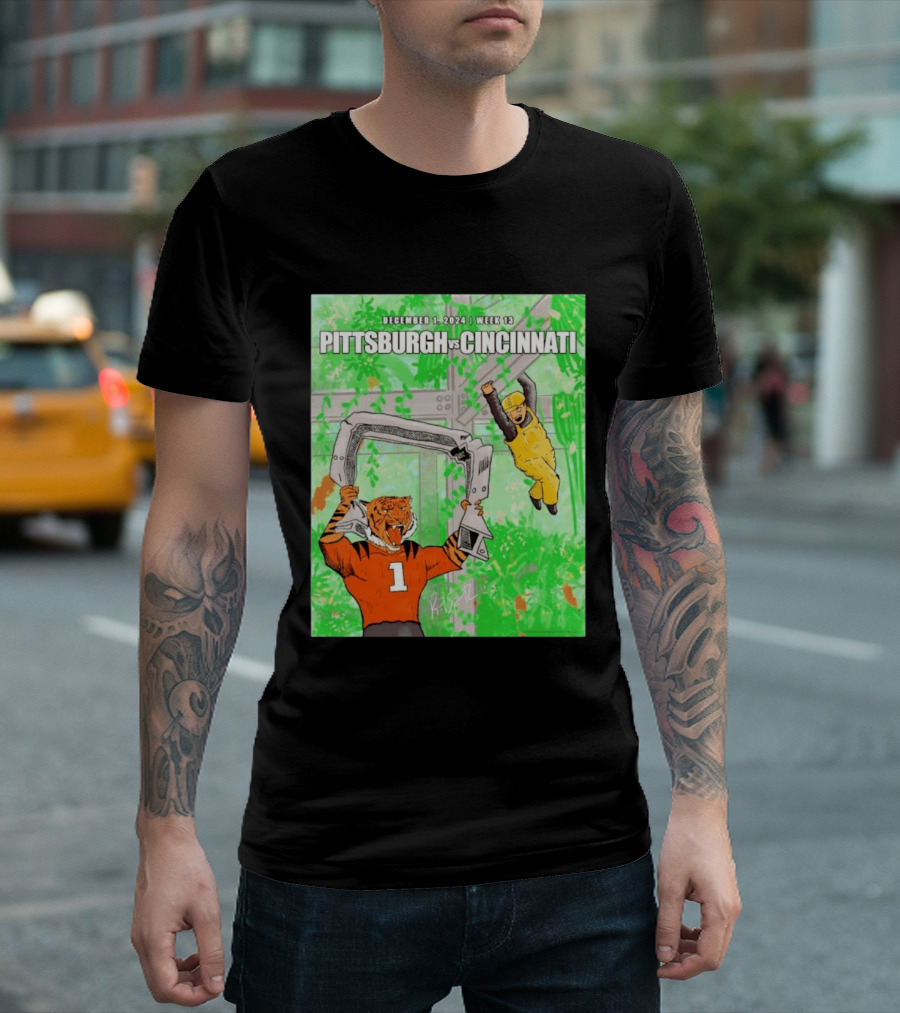 Pittsburgh Steelers Vs Cincinnati Bengals December 1 2024 Week 13 Cartoon Tiger And Construction Worker Jungle Showdown T-Shirt