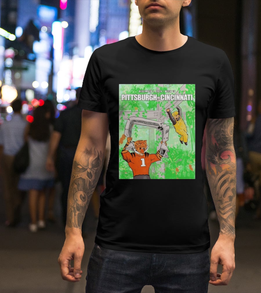 Pittsburgh Steelers Vs Cincinnati Bengals December 1 2024 Week 13 Cartoon Tiger And Construction Worker Jungle Showdown T-Shirt