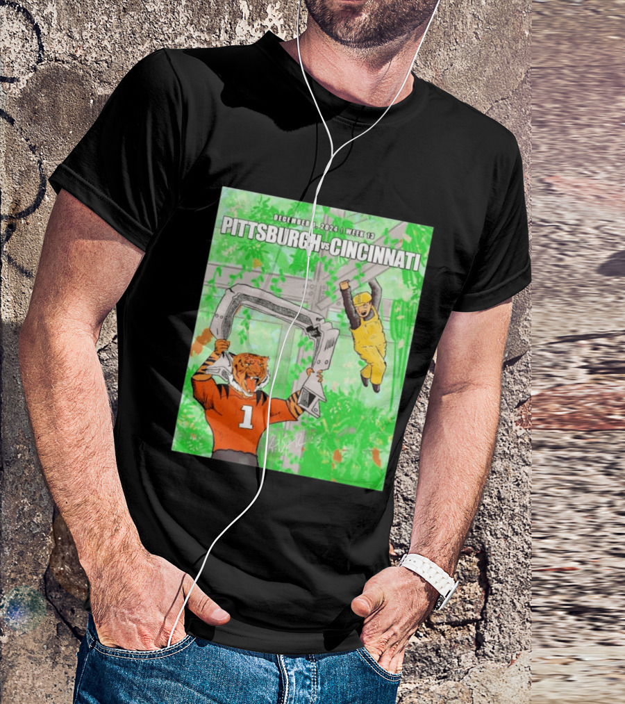 Pittsburgh Steelers Vs Cincinnati Bengals December 1 2024 Week 13 Cartoon Tiger And Construction Worker Jungle Showdown T-Shirt