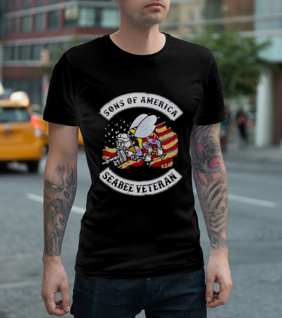 Sons Of America Seabee Veteran US Flag Military Pride T-Shirt