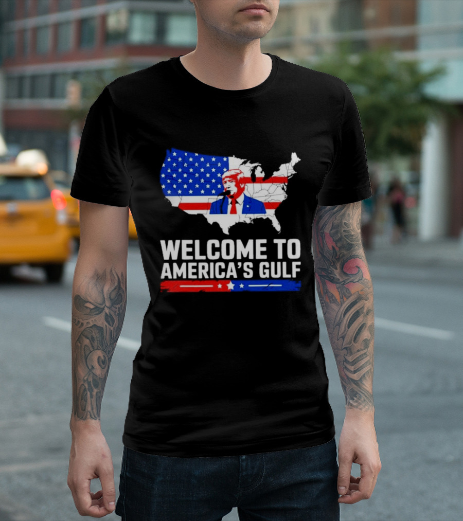 Welcome To America's Gulf Patriotic Map Featuring Trump And Stars And Stripes T-Shirt