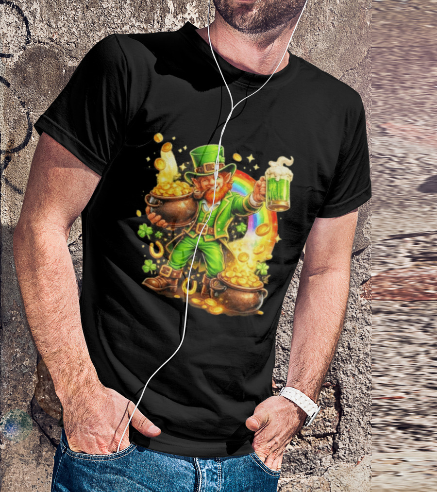 St Patricks Day Irish Leprechaun Cheers With Pot Of Gold And Rainbow Luck T-Shirt