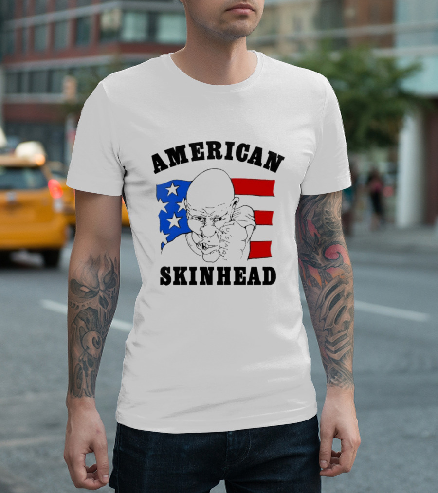 American Skinhead USA Bald Character With Flag Stars And Stripes T-Shirt