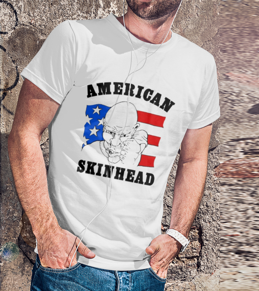 American Skinhead USA Bald Character With Flag Stars And Stripes T-Shirt