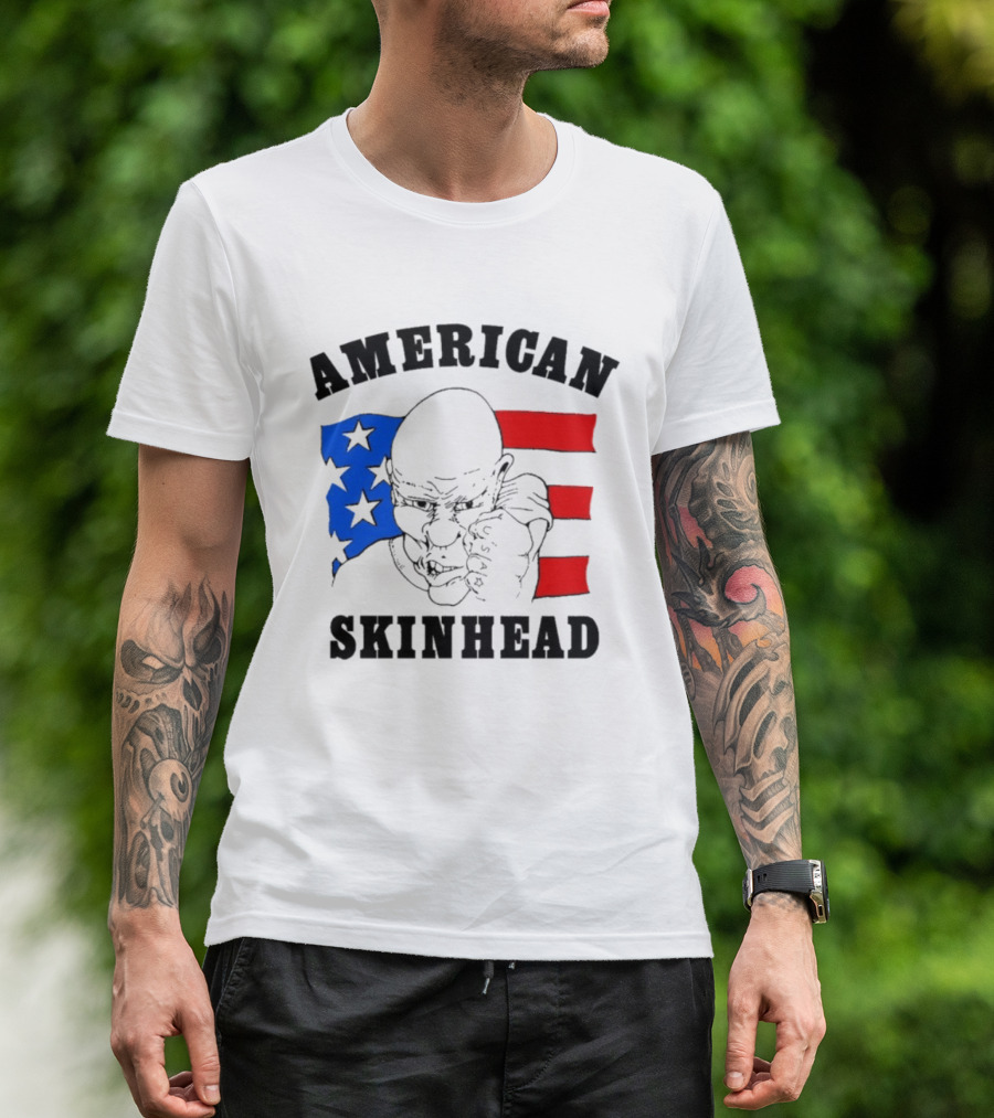 American Skinhead USA Bald Character With Flag Stars And Stripes T-Shirt