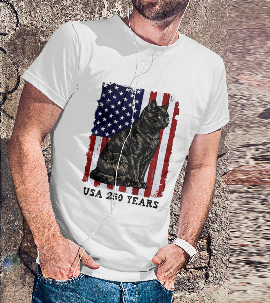 USA 250 Years Liberty Cat American Flag T-Shirt