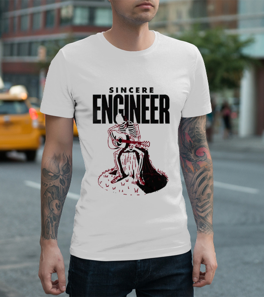Sincere Engineer Skeleton Playing Guitar On Tree Stump T-Shirt