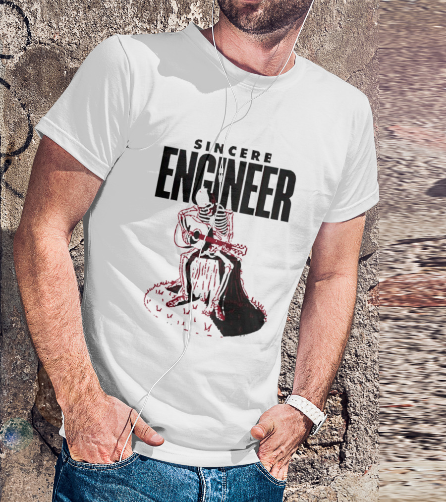 Sincere Engineer Skeleton Playing Guitar On Tree Stump T-Shirt