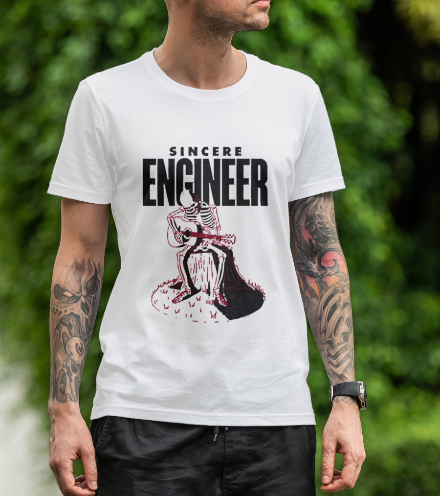 Sincere Engineer Skeleton Playing Guitar On Tree Stump T-Shirt