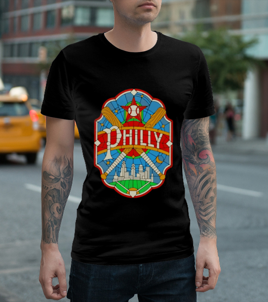 Philadelphia Phillies Stained Glass Philly Skyline Baseball Star Bats T-Shirt