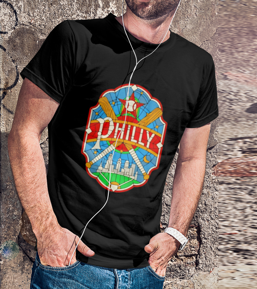 Philadelphia Phillies Stained Glass Philly Skyline Baseball Star Bats T-Shirt