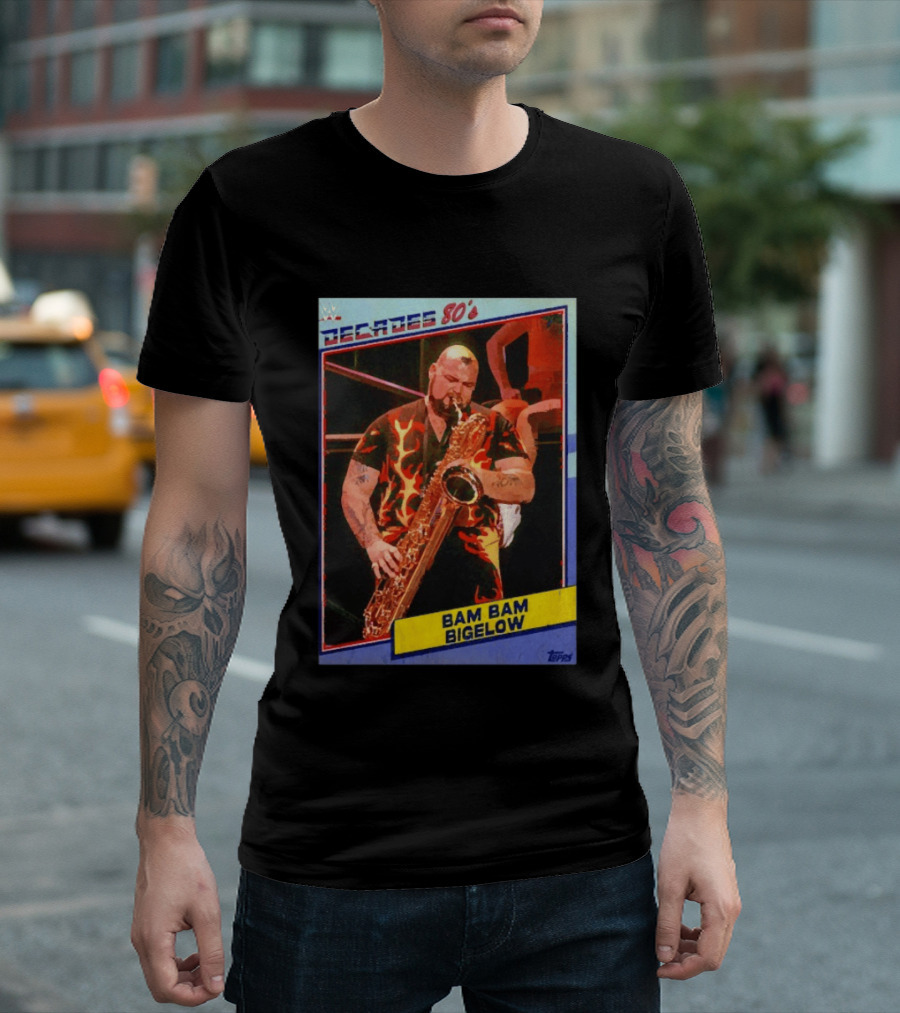 WWE Decades 80's Bam Bam Bigelow Topps Trading Card Saxophone Flame T-Shirt