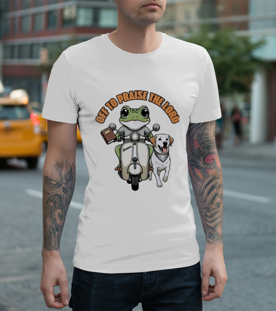 Off To Praise The Lord Frog Riding Scooter Labrador T-Shirt