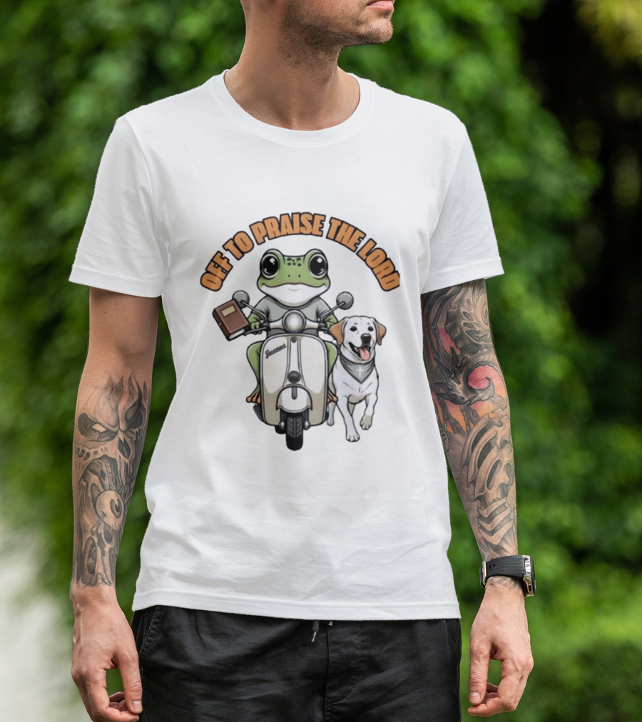 Off To Praise The Lord Frog Riding Scooter Labrador T-Shirt