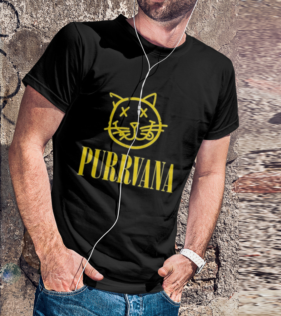 Purrvana Cat Face Yellow Grunge Style Kitty T-Shirt