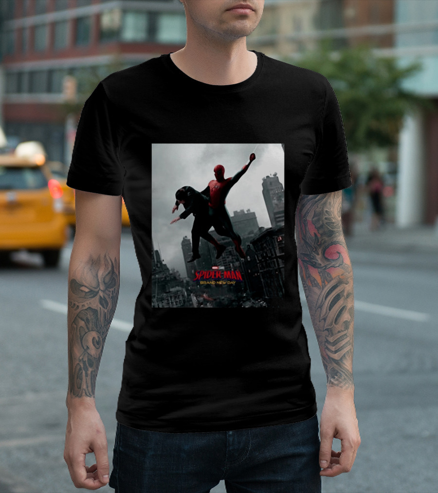 Spider Man Brand New Day Marvel Comic Scene Flying Over City Skyline T-Shirt