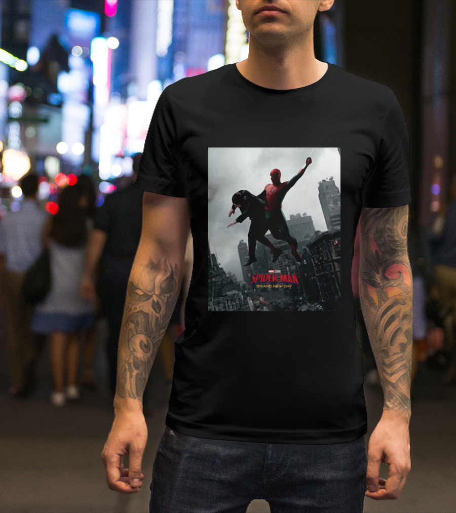Spider Man Brand New Day Marvel Comic Scene Flying Over City Skyline T-Shirt