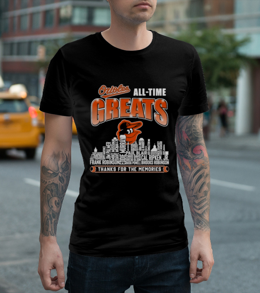 Orioles All Time Greats Thank You For The Memories City Skyline T-Shirt